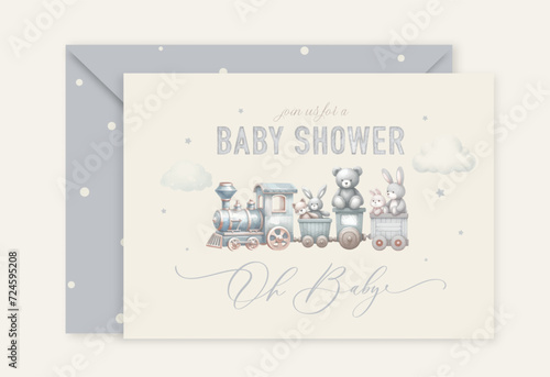 Cute baby shower watercolor arch invitation card with plush toys sitting in a toy train. Oh baby calligraphy.