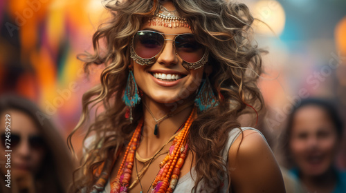 Portrait of young Indian face in paint Woman in traditional indian pink outfit with jeweler celebrating Holi color festival.girl with black hair with bindi on the head and snow-white smile