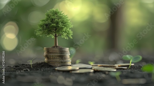 A robust tree perched atop a pile of coins symbolizing financial growth, investment, and sustainability against a soft-focus green background.
