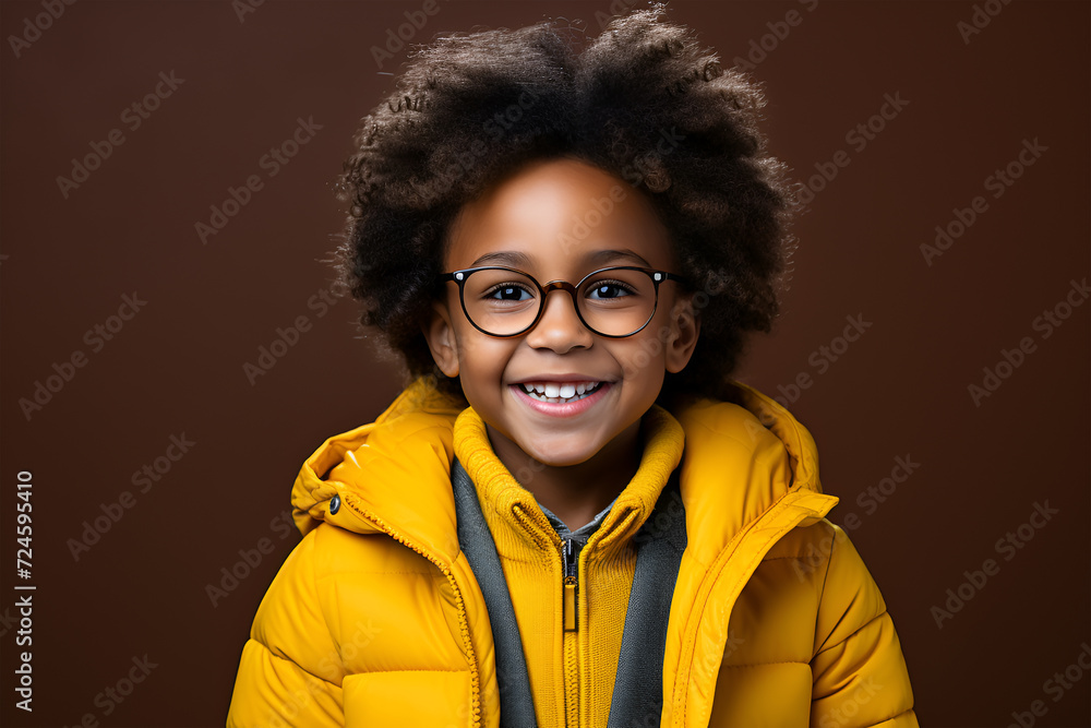 Cute African boy in a yellow jacket with glasses.