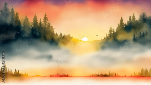 Water color sunset or sunrise scenes kids story book style muted colors watercolor style