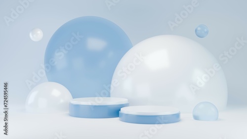 3D Rendering Blue bubbles background with white podium abstract under water