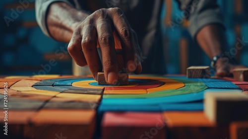 An intense focus on a hand placing a wooden piece on a colorful circular strategy game board, depicting strategic thinking and decision-making.
