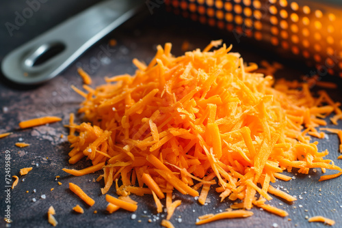 Grated carrots with kitchen grater photo