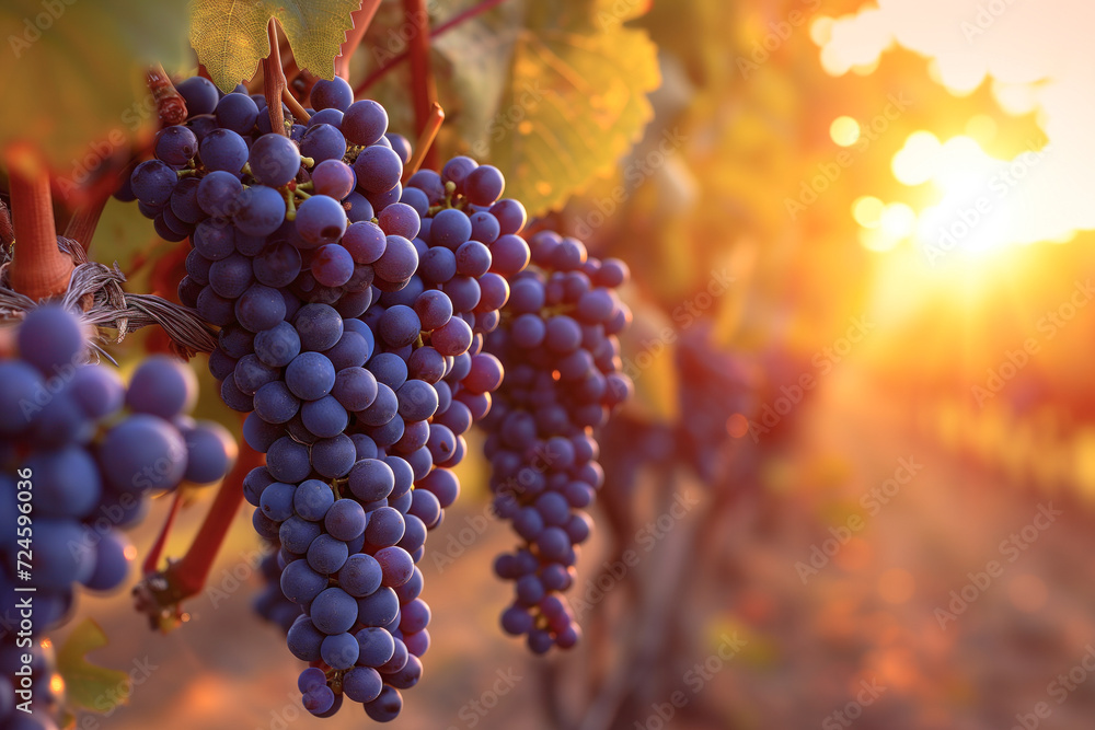 Sunlit purple grapes on vine