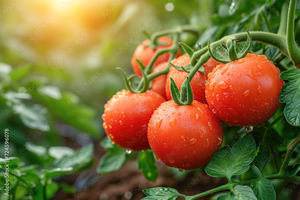 Dew-kissed tomatoes on vine