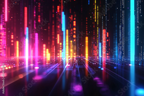 Cyber landscape with bright neon lines and digital code matrix
