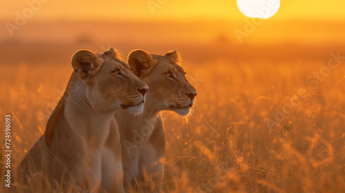 Two lions gazing at sunset in golden field