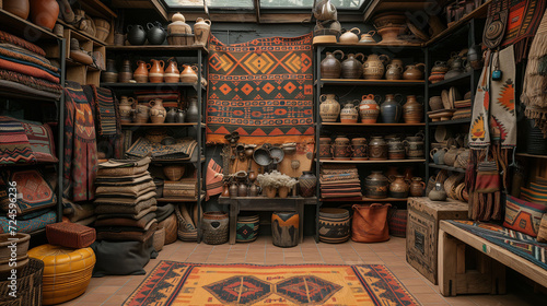 Traditional pottery and textiles in a rustic shop interior