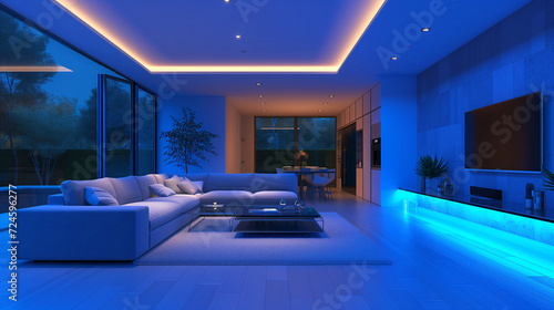 Modern living room with blue ambient lighting at night