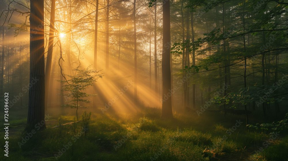 Naklejka premium Peaceful sunrise seen from a forest clearing, rays of light streaming through the trees