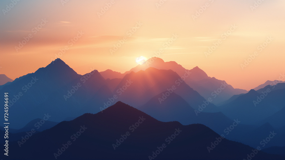 Silhouette of a mountain range against the early morning sky, the first light of sunrise peeking through the peaks