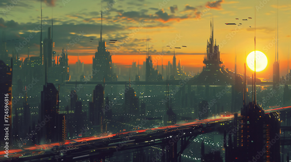 Naklejka premium Futuristic Cityscape Enhanced by a Rough Gradient Sky.