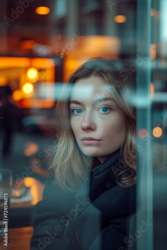 Beautiful blonde girl behind the window of a cafe