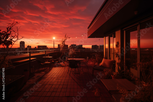 Sunset on the terrace of a restaurant in the city.