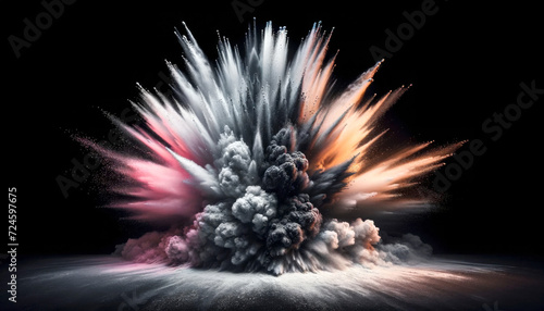 A wide-angle photography capturing an explosion of light grey and white powders into the air on the left side, transitioning into dark grey and black