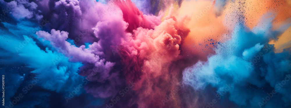 An explosive burst of powder background with colors ranging from deep purples to fiery oranges and cool blues