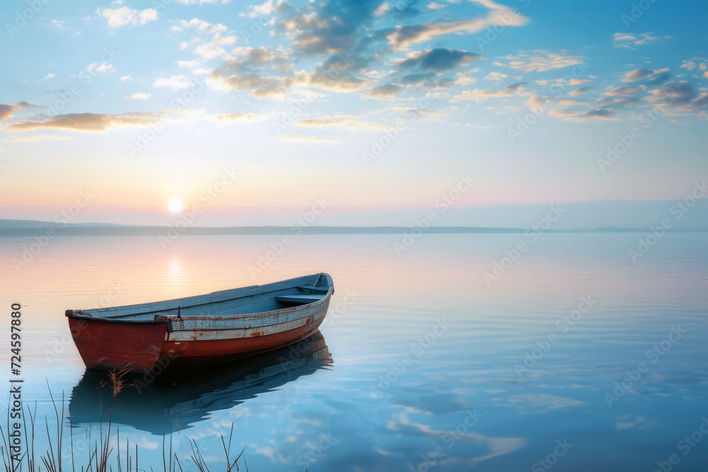 A solitary red boat on a glassy lake, bathed in the soft light of sunrise