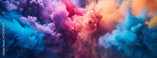 An explosive burst of powder background with colors ranging from deep purples to fiery oranges and cool blues