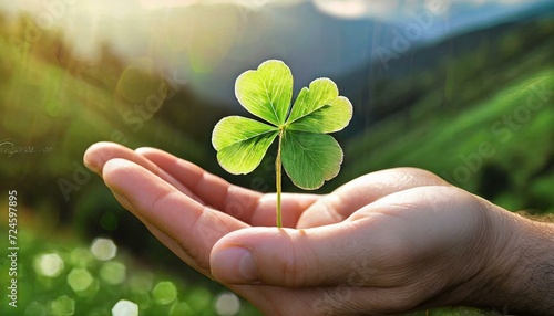 Four-leaf clover held in hand. A symbol of happiness, prosperity photo
