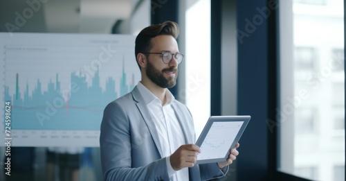 a young investor standing in front of a large digital screen displaying live stock market charts