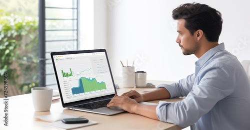 freelancer at their workspace, surrounded by financial charts and a laptop displaying market trends
