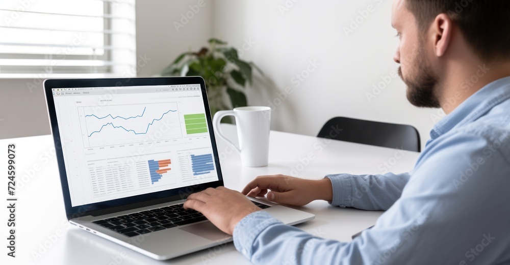 freelancer at their workspace, surrounded by financial charts and a laptop displaying market trends freelancer at their workspace, surrounded by financial charts and a laptop displaying market trends