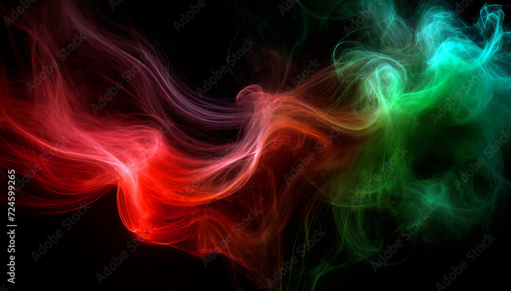 Red and green colorful smoke flowing on black background AI generated image. Red and green colorful smoke flowing on black background AI generated image.