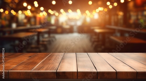 Empty wooden tabletop and blurred night bar as background. Image for display product