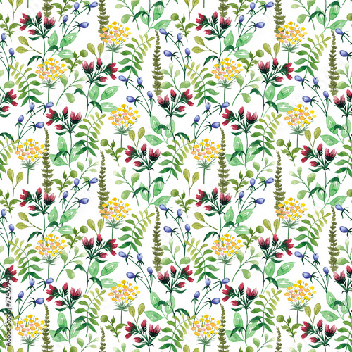 Watercolor floral seamless pattern  color garden illustration on white background  hand painted with flowers  leaves and plants for printing on fabric  wrapping paper  stationery  cards