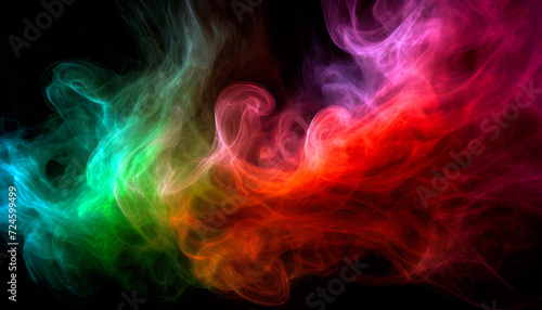 Red and green colorful smoke flowing on black background AI generated image.