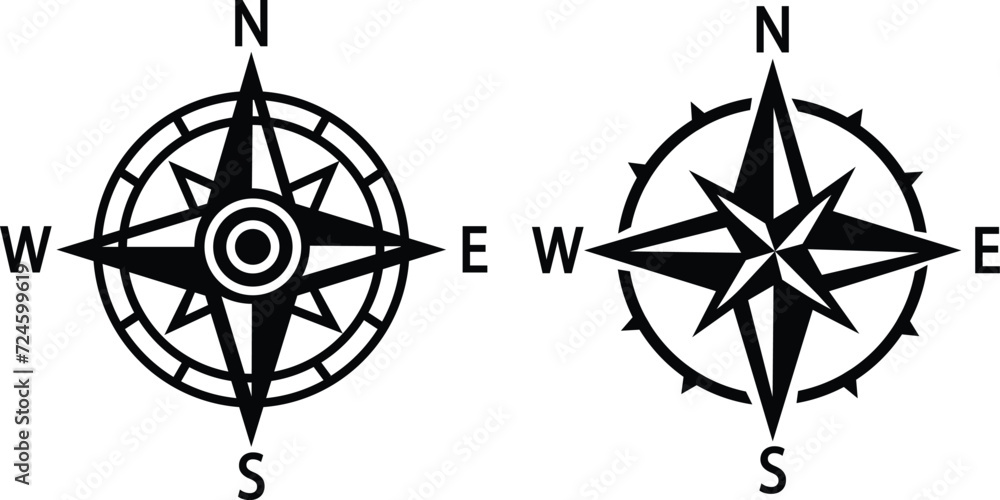 Compass icons set. Monochrome navigational compass with cardinal directions of North, East, South, West. Geographical position, cartography and navigation. Wind rose vector flat or line collection. - obrazy, fototapety, plakaty 