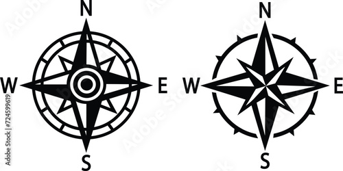 Compass icons set. Monochrome navigational compass with cardinal directions of North, East, South, West. Geographical position, cartography and navigation. Wind rose vector flat or line collection. photo