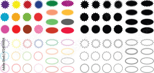 Starburst sale sticker or ribbon icon set of black or colorful price, discount, sunburst badges flat or line vector. Special offer price tag promotional shopping label isolated transparent background photo