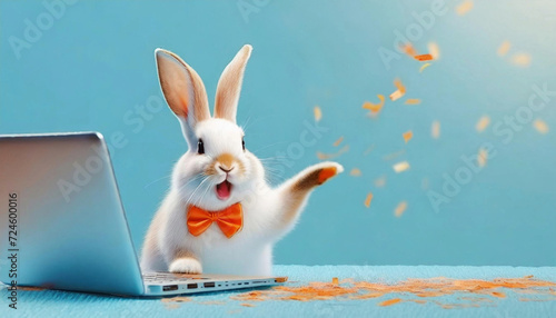 Happy excited Surprised bunny with falling colorful confetti popper, easter eggs, and a laptop, Cute Rabbit on pastel turquoise background.