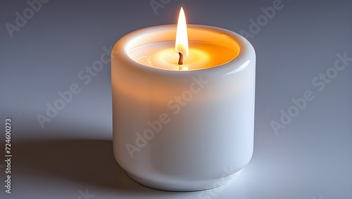 white candle ceramic lit angled. burning candle. White background