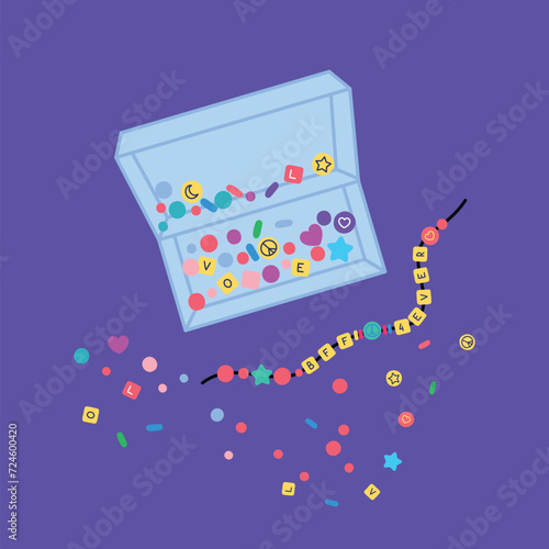 Cartoon Color Bead Art Kit Doing Beading Process Concept Flat Design Style. Vector illustration of Handmade Beads Bracelet