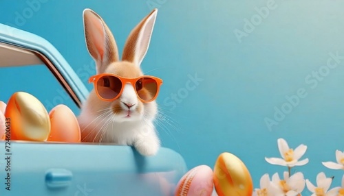 Cute baby rabbit with sunglasses as easter bunny sitting in a car, with easter decorated eggs, on a blue background. © Naji