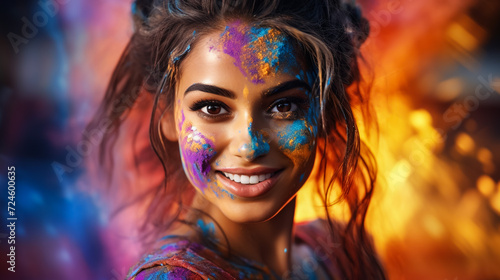 A portrait of a beautiful Indian woman with a colored face during the festival of Holi, India