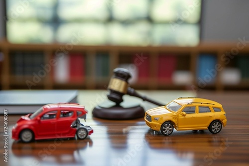 Little crashed autos on table in courtroom. Gavel and two small toy car models on desk in courthouse. Concept of lawyer services  civil court trial  vehicle accident case study  and insurance coverage