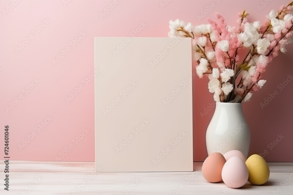 wooden frame on the table decorated for Easter. ai generated