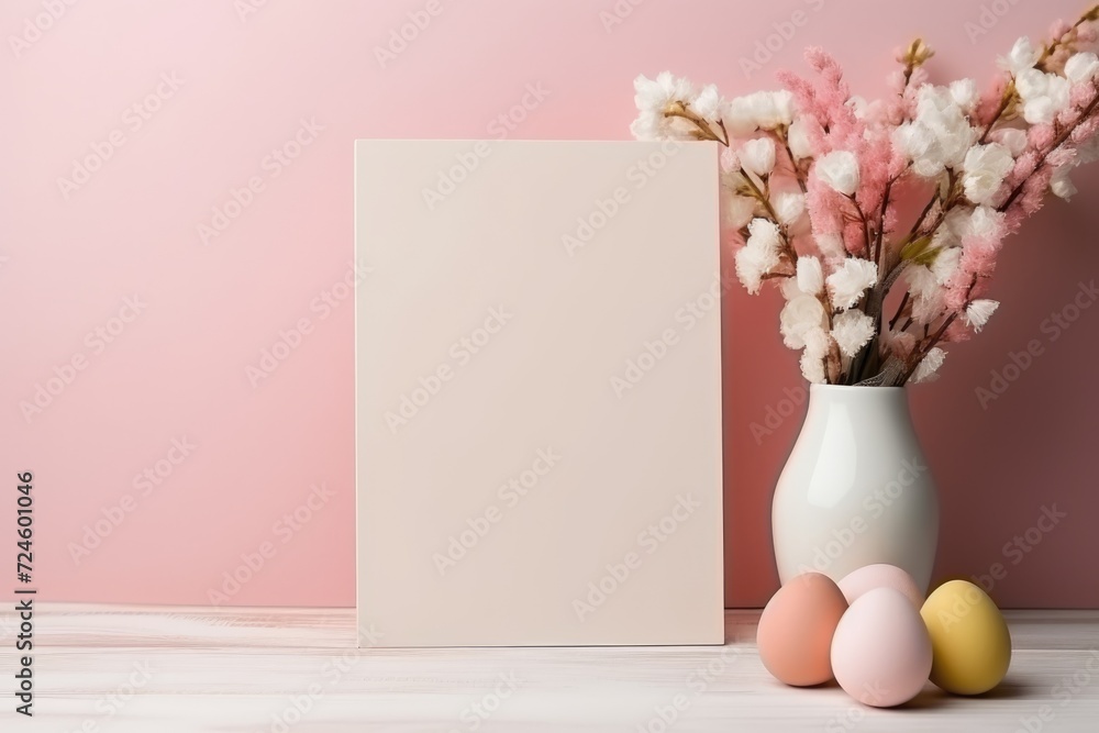 wooden frame on the table decorated for Easter. ai generated wooden frame on the table decorated for Easter. ai generated