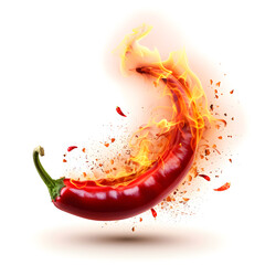 Hot red chili pepper on fire isolated on white background