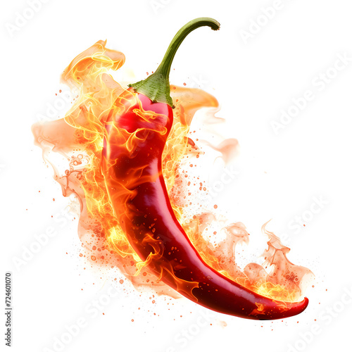Hot red chili pepper on fire isolated on white background