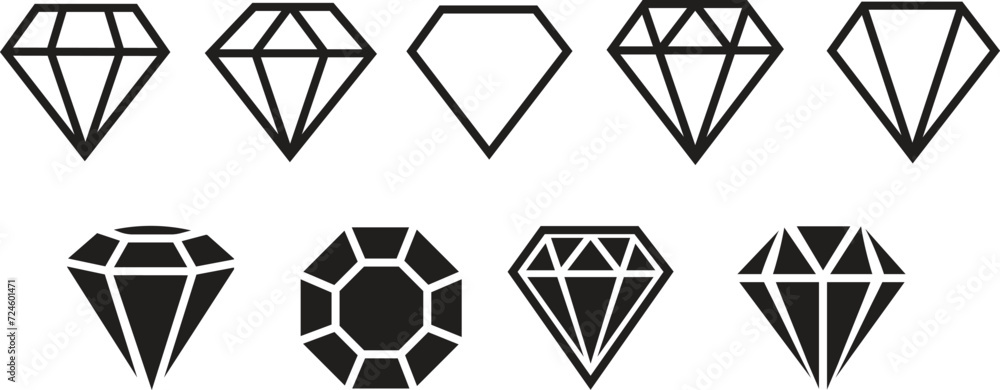 A set of diamonds in a flat style. Abstract black royal diamond collection icons. Linear outline sign. Vector icon logo design isolated on transparent background. For web, computer and mobile app - obrazy, fototapety, plakaty 
