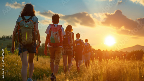 Rear view of group of people with backpacks walking along the path in the forest during their hiking