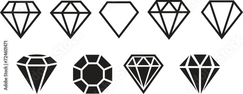 A set of diamonds in a flat style. Abstract black royal diamond collection icons. Linear outline sign. Vector icon logo design isolated on transparent background. For web, computer and mobile app