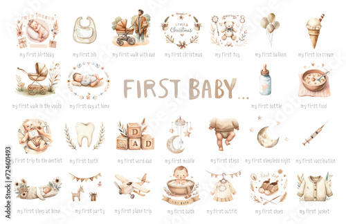 Baby shower set with little baby girl or boy first accessories for newborn.
