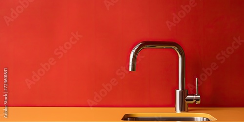 Metallic kitchen faucet, indoor kitchen, colored background, photography light