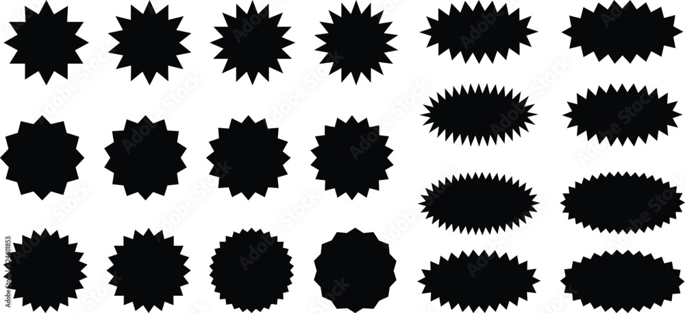 Starburst sale sticker or ribbon black icon set price, discount, sunburst badges flat blank vector. Special offer price tag promotional shopping label isolated transparent background Starburst sale sticker or ribbon black icon set price, discount, sunburst badges flat blank vector. Special offer price tag promotional shopping label isolated transparent background